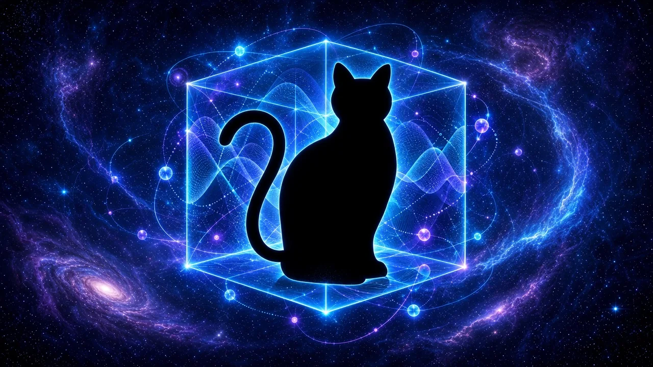 Quantum Cat silhouette inside a glowing cube