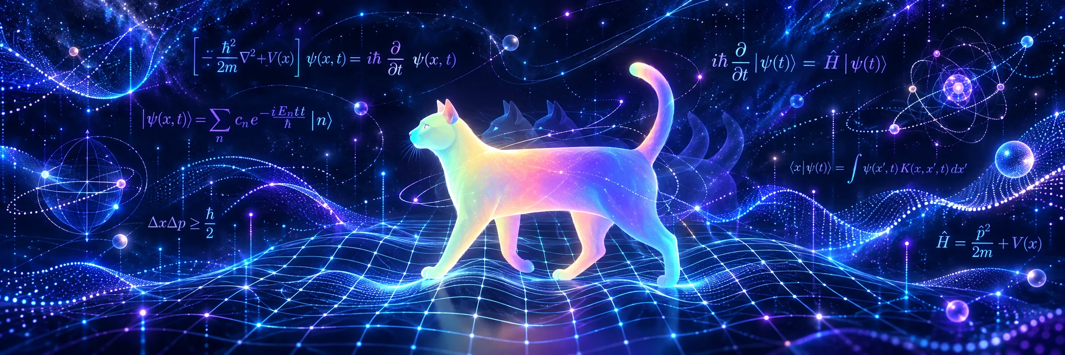 Quantum Cat banner: a holographic cat walking a quantum grid